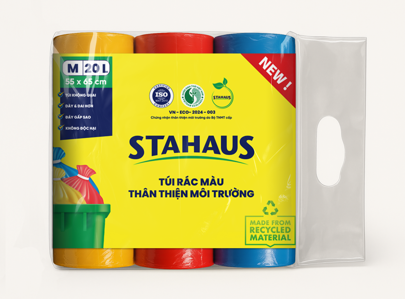 Túi rác TTMT Stahaus (xanh, hồng, vàng) size M 55x65cm (20L) 3 cuộn/ 1kg